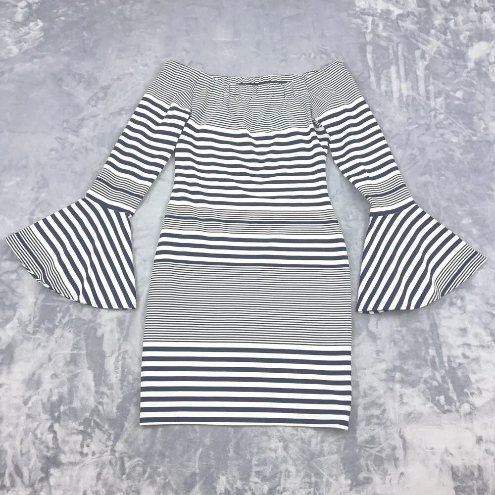 SUGAR + LIPS Dress Women’s Size XS Black White Striped Bell Sleeve Bodycon